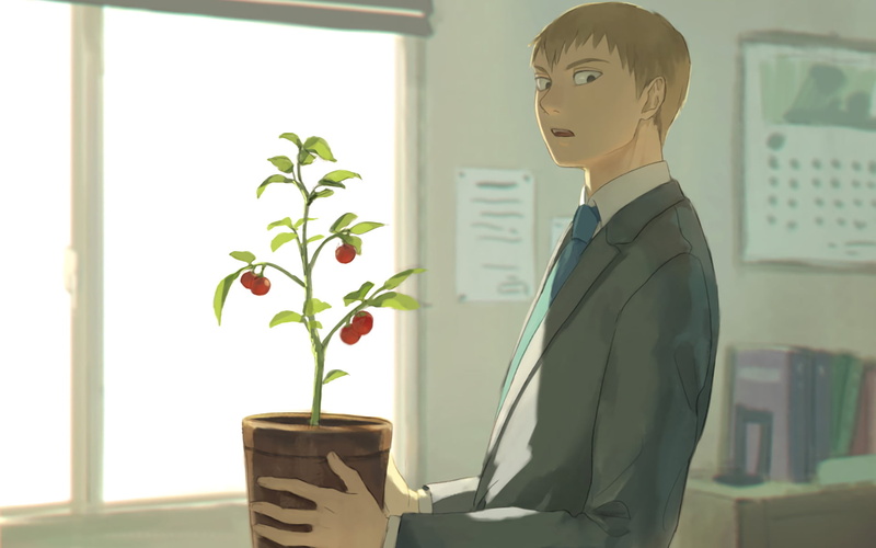 Mob Psycho 100, plant, cup, day, office, young women, one person, side view, real people, 1080P, Arataka Reigen, waist up, business person, young adult