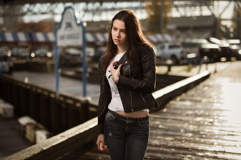 young women, Kyle Cong, brown eyes, women, hairstyle, railing, three quarter length, Public, beautiful woman, black jackets, standing, denim, real people