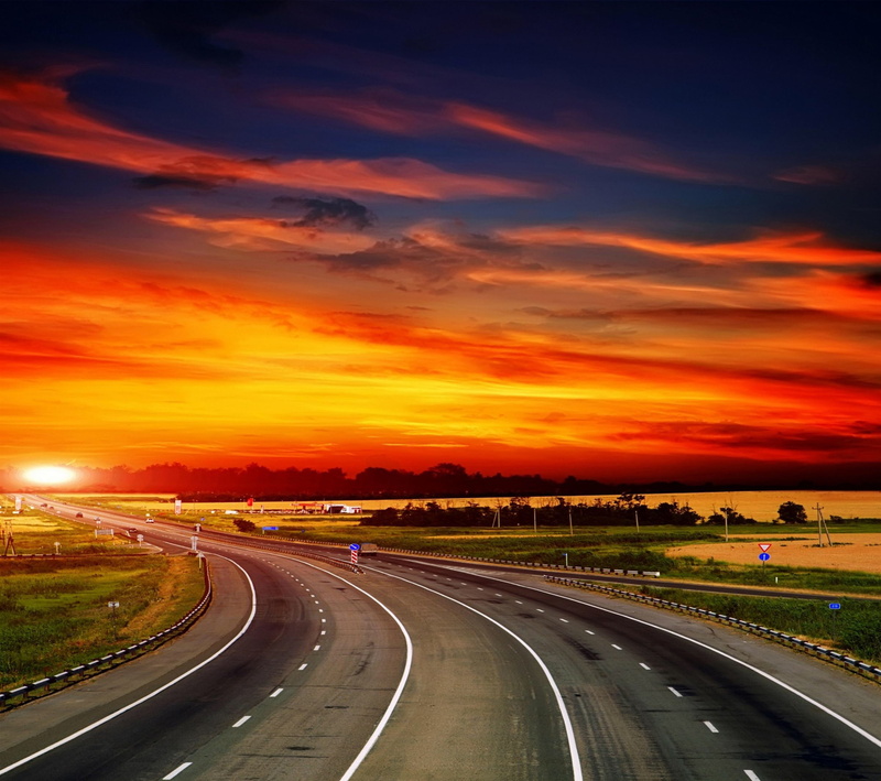 beauty in nature, vanishing point, the way forward, highway, sky, Burnout, transportation, sunset, nature, outdoors, dusk, speed, light bulb, 2K, multiple lane highway
