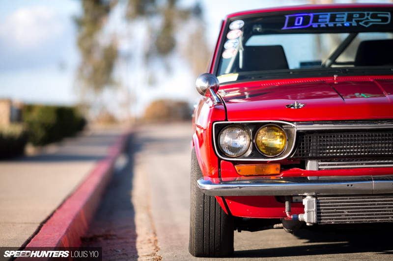road, focus on foreground, headlight, tree, outdoors, Stance, Datsun, car, retro styled, city, red, transportation, sky, sunlight, no people, 510, nature