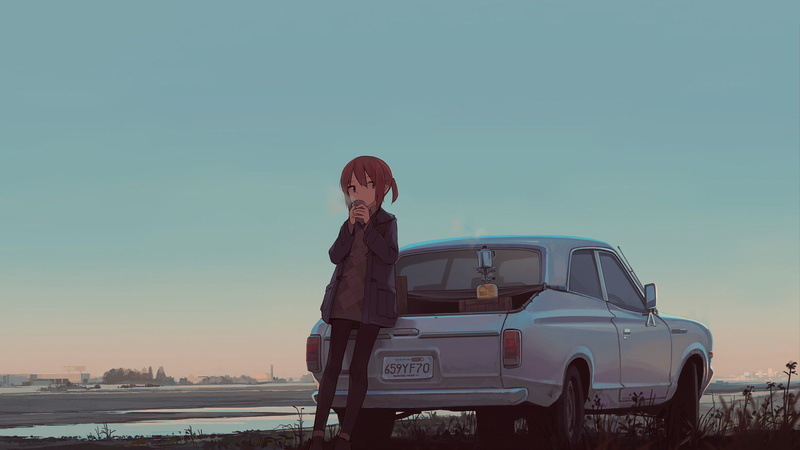 anime girls, Datsun, coffee, car, 2K, artwork