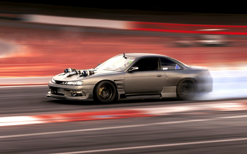 Nissan Silvia S14, car, tuning, JDM, nissan silvia, 1080P, motion blur, race tracks, front angle view