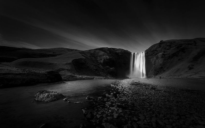 landscape, waterfall, monochrome, river, hills, 1080P, dark, black