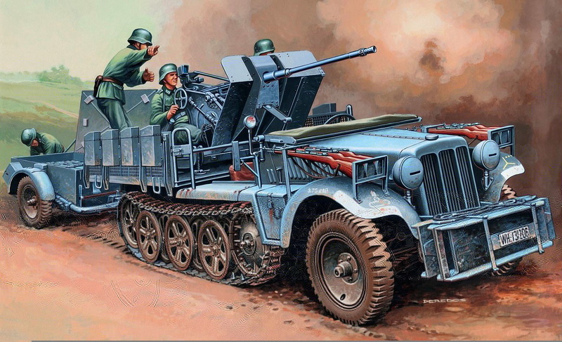 German, Sd.Car.10-4, Dema, art, FlaK30, tractor, tank, military, with FlaK30, database, 1080P, blue, the battle, half-track, WW2