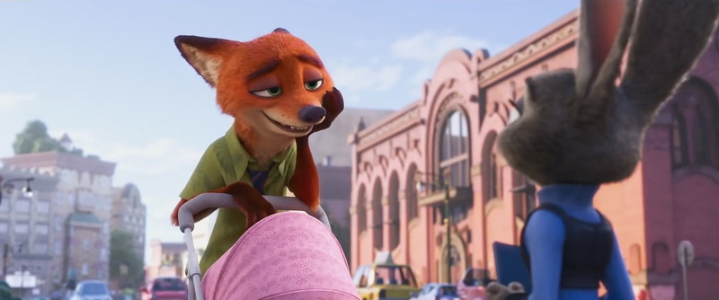 adult, 3D, screen shot, Zootopia, built structure, domestic animals, fox, building exterior, domestic, nature, Nick Wilde, incidental people, day, movies