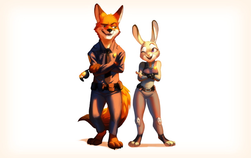 rabbit, fox, Nick Wilde, domestic animals, indoors, full length, standing, portrait, one animal, domestic, pets, Judy Hopps, animal, nick, small, representation