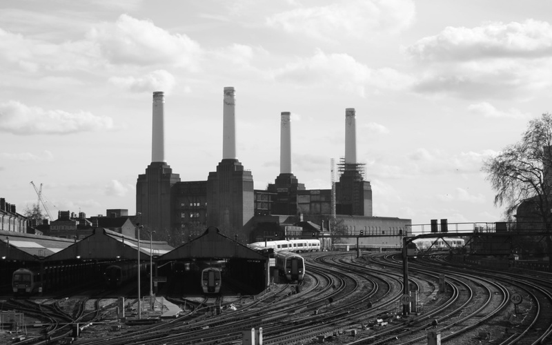battersea, power, industrial, tracks, 1080P, railroad, black, plants