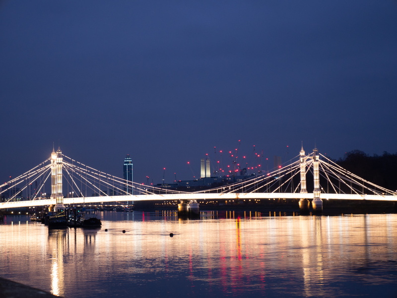 tower, illuminated, water, connection, transportation, 4K, nightscape, london, river, suspension bridge, battersea, boats, long exposure, nature, outdoors