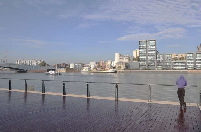 city, outdoors, skyscraper, building exterior, one person, battersea, cityscape, real people, rear view, sky, river, office building exterior, building