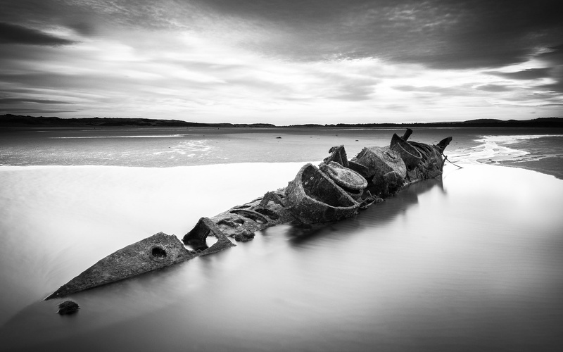 1080P, shipwreck, sea, water, rust, long exposure, ship, landscape, drown, nature, clouds, monochrome