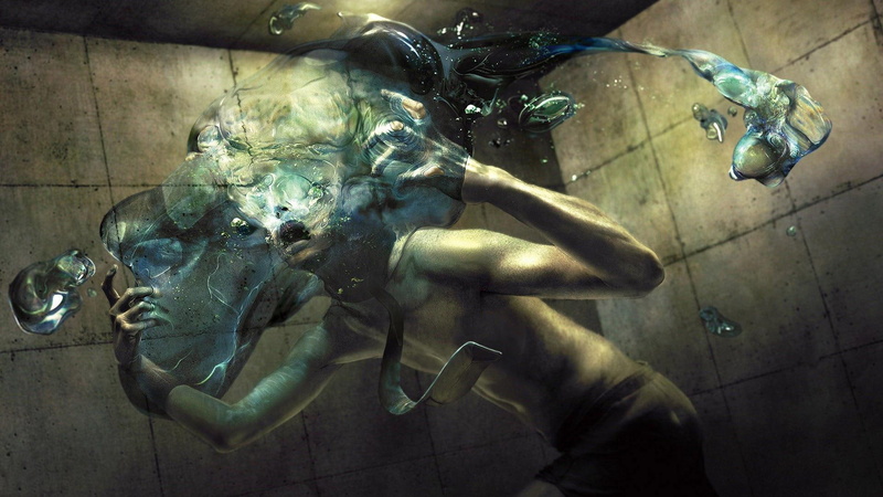 digital art, water, wall, drowning, 1080P, 1920x1080, transforming, art, person, head
