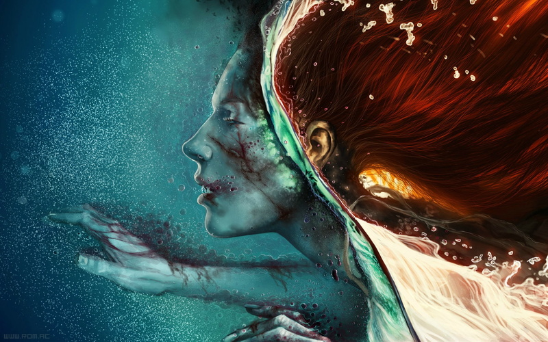 drown, digital/artwork, redhead, 1080P, water, face, hd