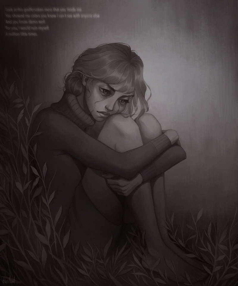 Folklore, Taylor Swift, closed mouth, smudged makeup, sad, quote, alone, gray hair, on the ground, young woman, legs, woman crying, looking into the distance