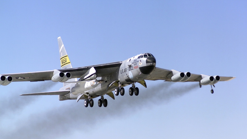 fighter plane, air force, air vehicle, Boeing B-52 Stratofortress, NASA, blue, aerospace industry, flying, single object, navy, clear sky, airplane, 2K