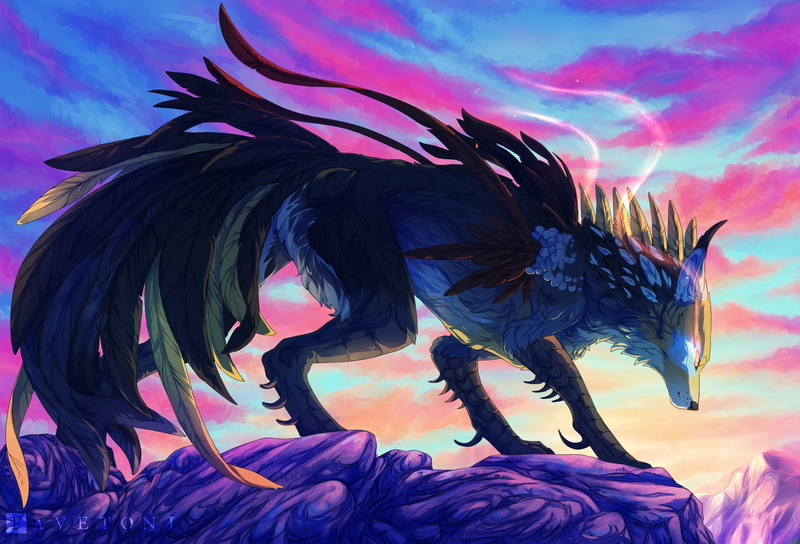 animal wildlife, animal themes, sunset, cloud - sky, creativity, feather, vertebrate, bird, animal representation, outdoors, nature, wolf, no people, mountains