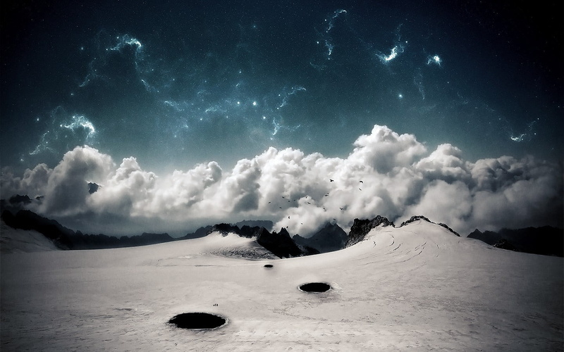 tranquil scene, cloud - sky, nature, beauty in nature, idyllic, day, outdoors, tranquility, snow, clouds, white, space art, sky, no people, black, scenics - nature