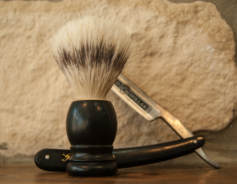 food, shaving, table, studio shot, straight, brush, white, close-up, paintbrush, 2K, badger, razor, barber, handled, work Tool, still life, focus on foreground