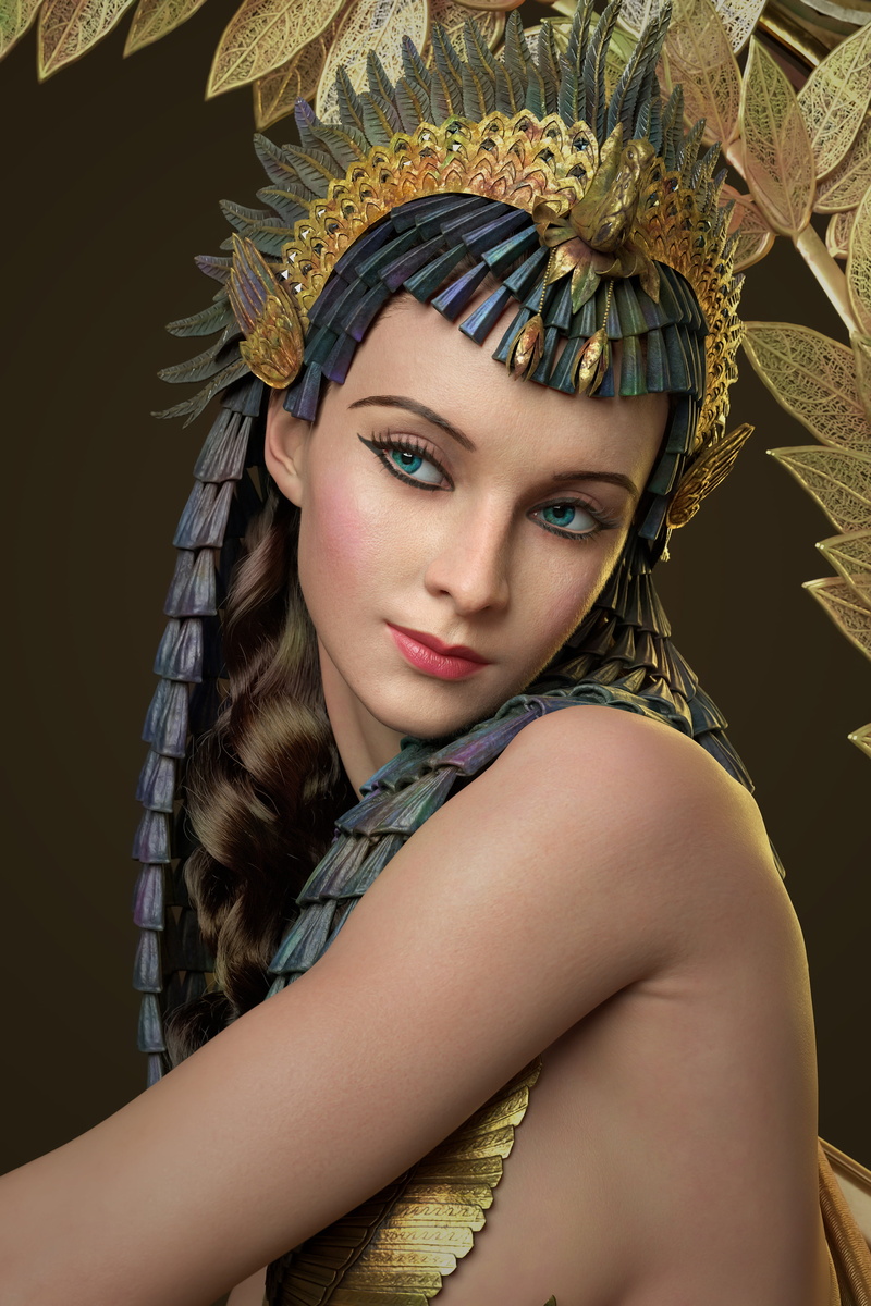 simple background, looking away, CGI, Qi Sheng Luo, hair accessories, gold, blush, Cleopatra, women, dark hair, blue eyes, 4K, Egyptian