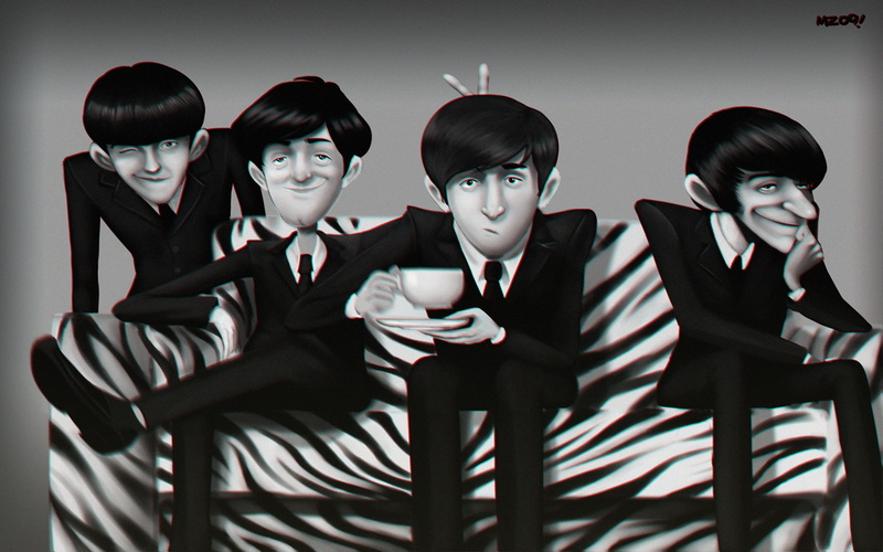 beatles, 1080P, the beatles, haired, man, band, illustration, black