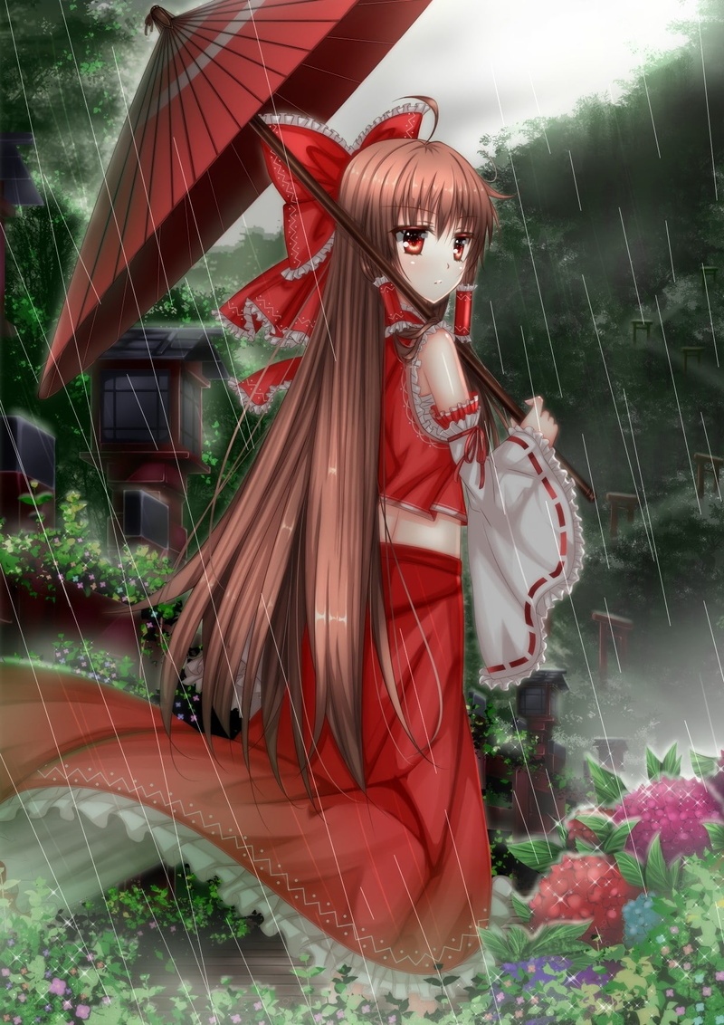 nature, Touhou, fragility, artwork, clothing, anime, art and craft, Hakurei Reimu, no people, representation, red, female likeness, human representation