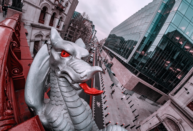 day, architecture, outdoors, town, creativity, street, downtown, monster - fictional character, reptile, building, farringdon london bridge statue wideangle fisheye outdoors fuji fujifilm