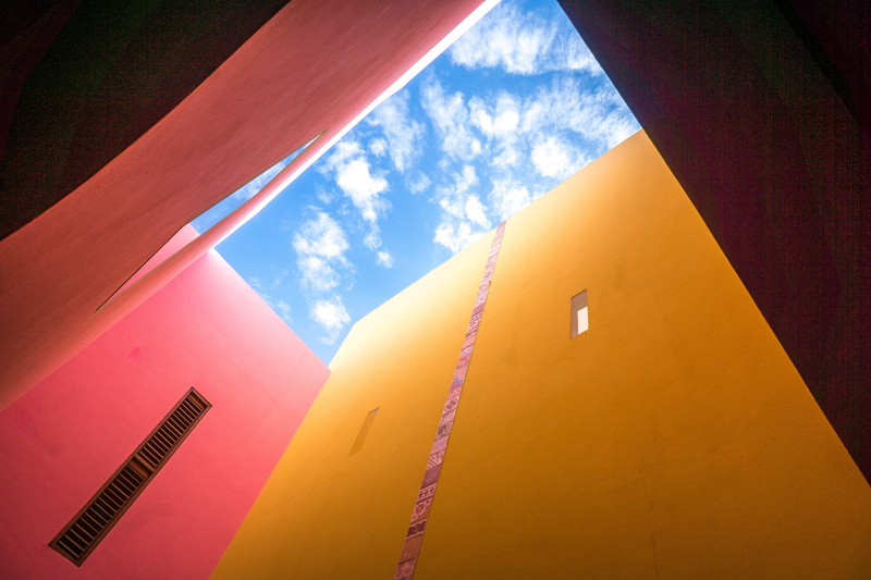 exterior, no People, painted, photo, nature, angle, blue skies, building, sky, red, concrete, multi colored, sunlight, window, cloud - sky, 5K, colourful
