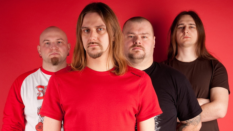 progressive metal, portrait, colored background, metal band, serious, men, metal, riverside, band, negative emotion, males, red background, young men, studio shot