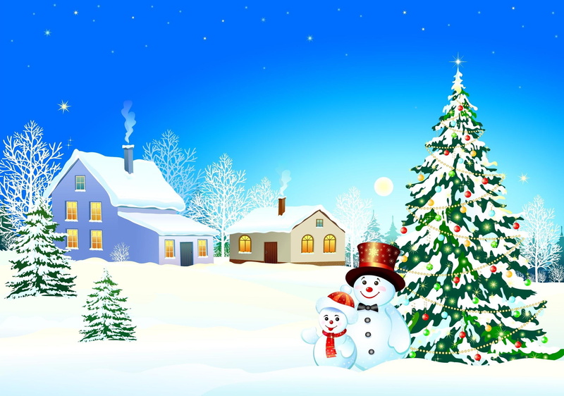 christmas, houses, holidays, beside, gallery, near, two, snowman, 1080P, tree, seasonal, illustration