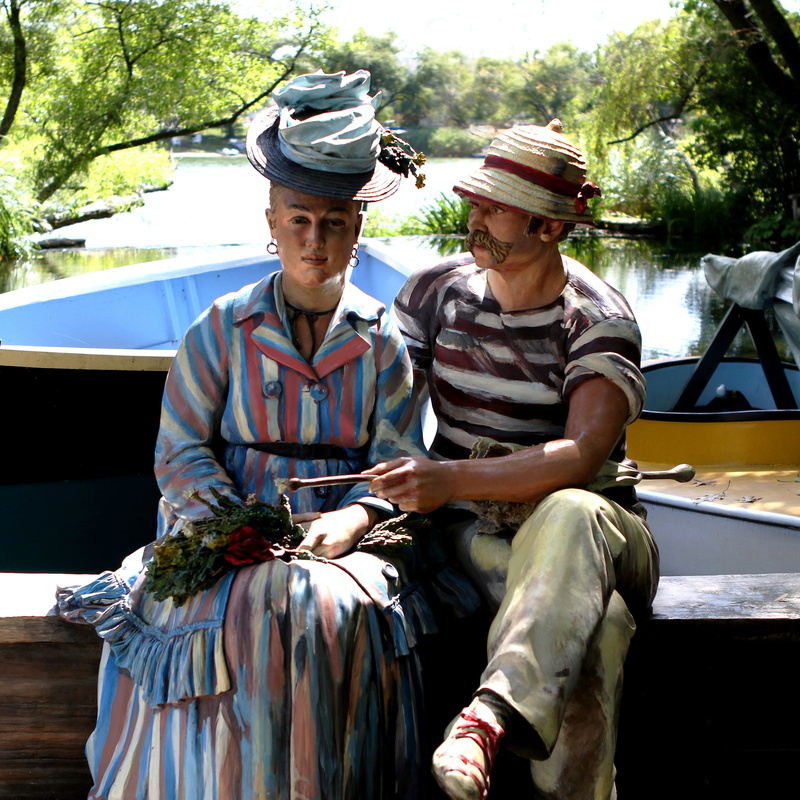 people, togetherness, boat, transportation, front view, two people, real people, sitting, outdoors, young men, boating, men, art, john seward johnson ii