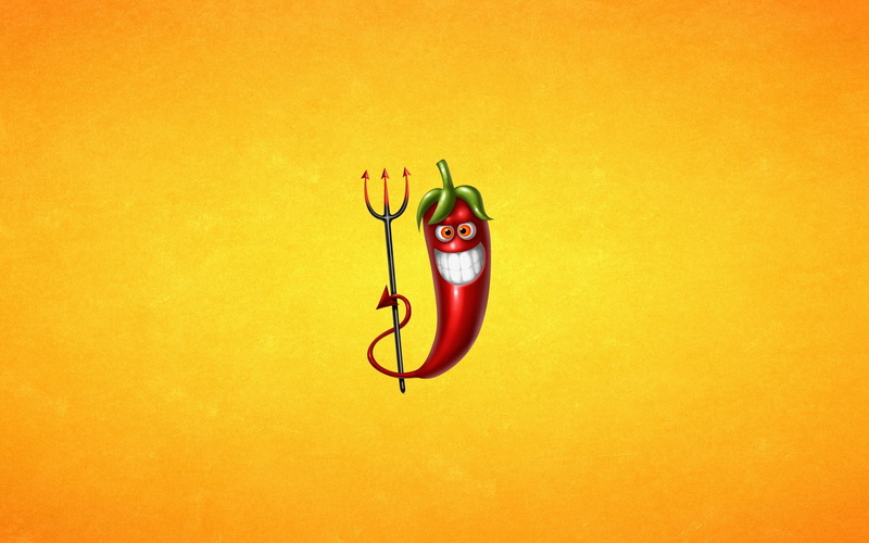 orange color, minimalism, teeth, green color, still life, chili, red, simple background, humor, food and drink, indoors, cut out, pitchforks, holding, devils