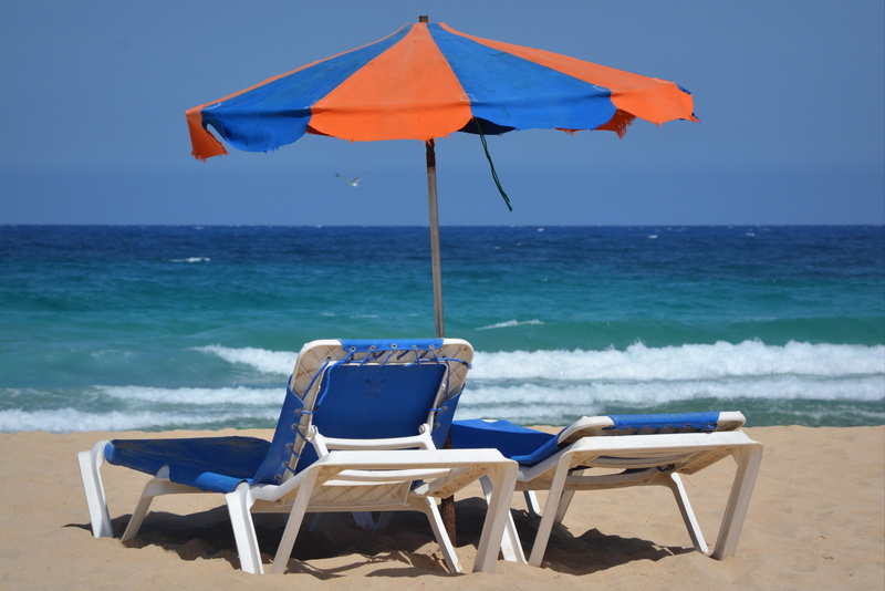 travel, horizon over water, chairs, orange, tranquil scene, beach, land, scenics - nature, sky, beauty in nature, umbrella, day, plastic, sea, outdoors