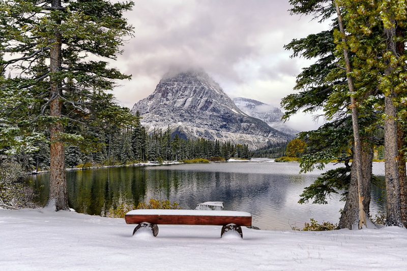 snow, sky, winter, mountain, bench, snowcapped mountain, mountain range, brown, water, outdoors, beauty in nature, landscape, white, no people, scenics - nature