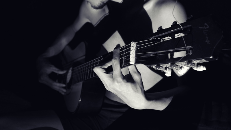 men, adult, string, black background, rhythm, electric guitar, holding, one person, note, artist, classic, midsection, 5K, sound, indoors, hand, Musician