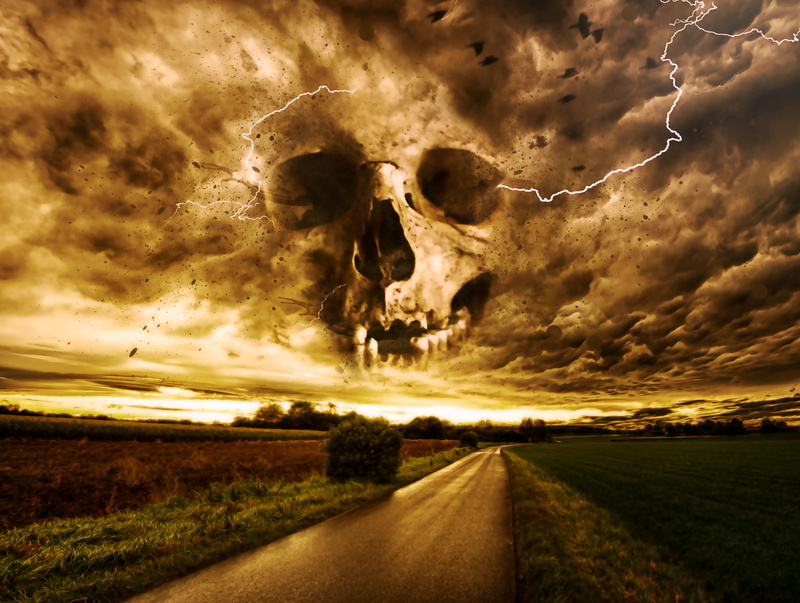 skull, road, horror, beauty in nature, scenics - nature, transportation, dramatic sky, direction, field, storm, dark, mysterious, power in nature, fantasy landscape