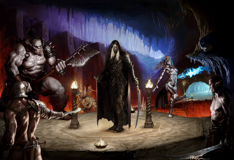 Guenhwyvar, fantasy, paranormal, religion, animated, halloween, 1080P, illuminated, cave, men, Drizzt Dourden, built structure, Orc, human representation