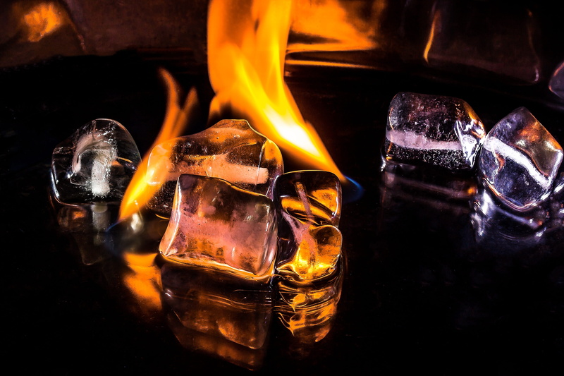 fire, hot, ice, still life, dark, orange color, close-up, wood, glass - material, no people, heat, nature, heat - temperature, firewood, melt, burn, burning