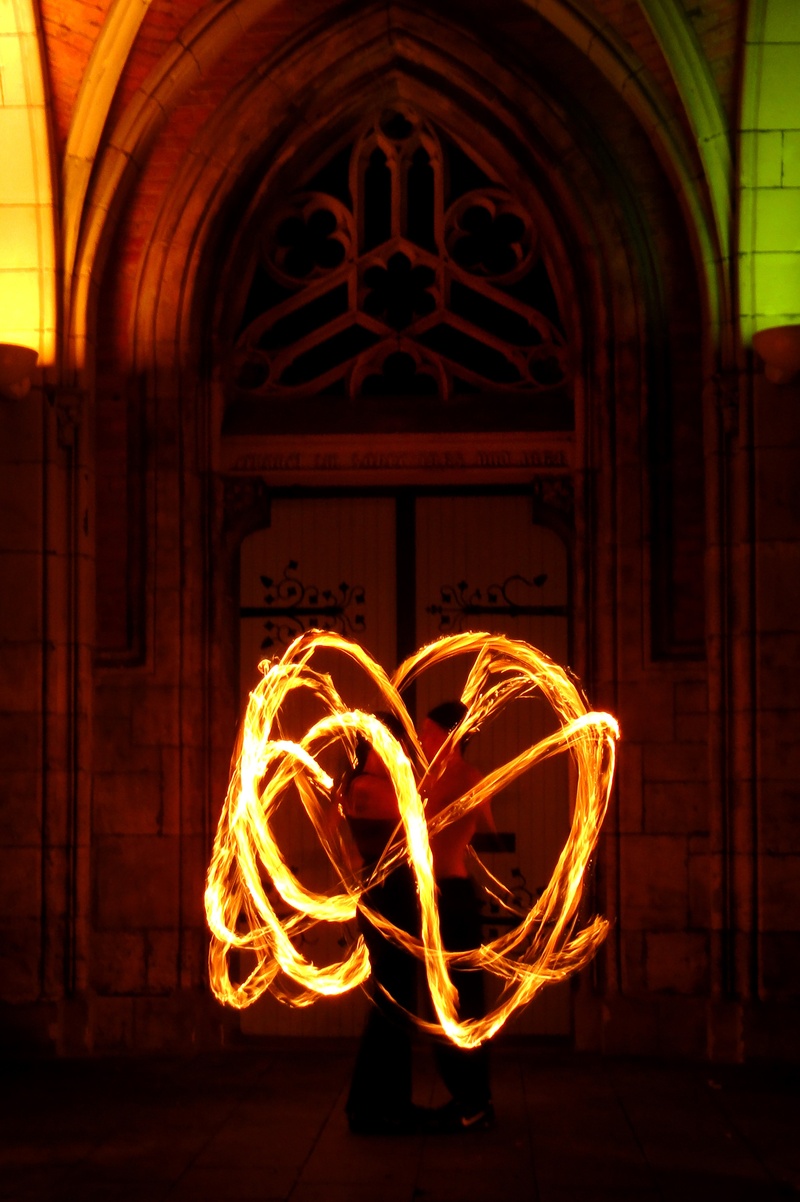 burning, church, heiss, outdoors, illuminated, burn, design, fire cage, fire, juggling, poi, light, arch, art and craft, long exposure, feuerpoi, blurred motion
