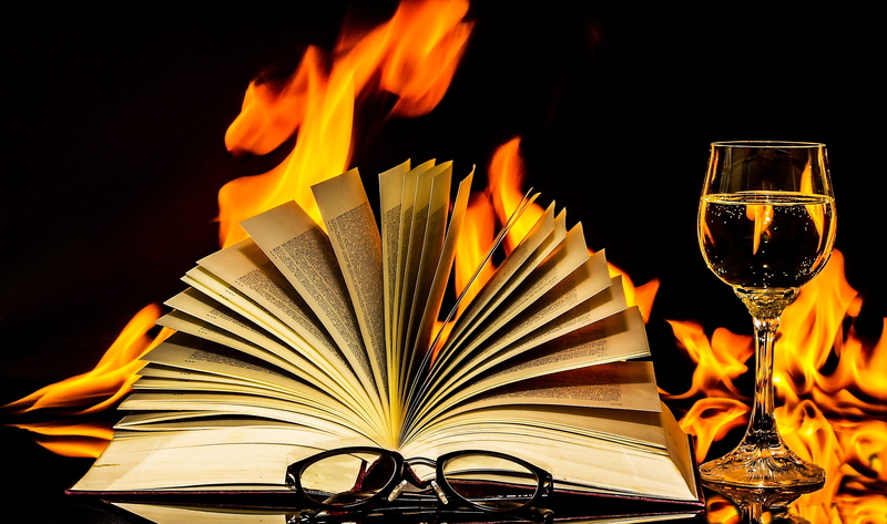 wineglass, celebration abendstimmung, brown, pages, burning, flame, mirroring, glasses, cozy, publication, book pages, old book, red, black background