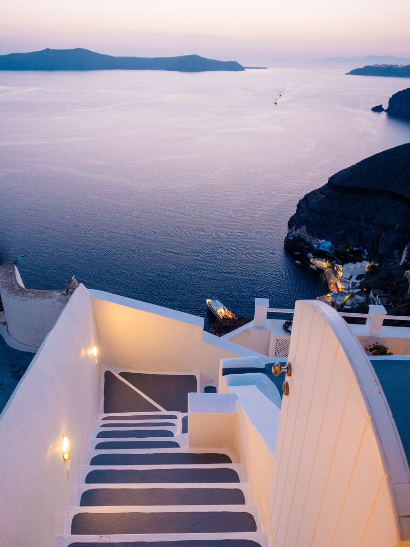 coastal town, sunset, island, overlooking, step, 4K, house, high angle view, architecture, beauty in nature, stair, tranquility, white, sea, outdoors