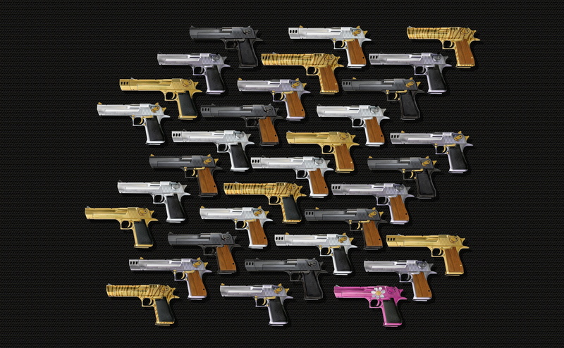 desert eagle, technology, lot, 4K, black background, studio shot, directly above, golden, desert, nickel, pistol, choice, in a row, metal, gun, cut out