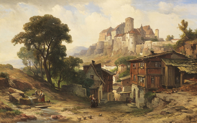 View of Burghausen castle, the Salzach river, 1883, The view of the castle of Burghausen on the Salzach river, Albert Emil Kirchner, 4K, View of Castle Burghausen on the Salzach