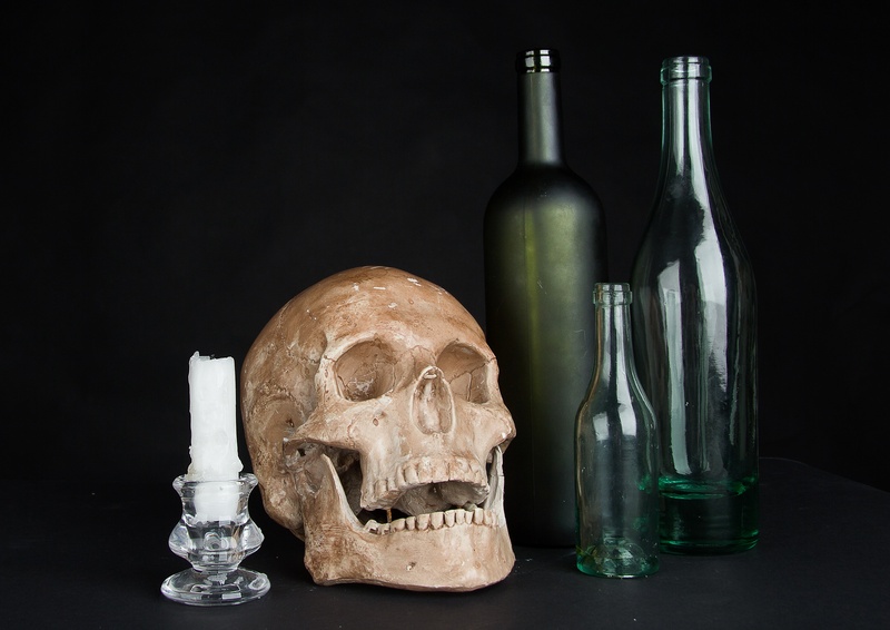 the bottle, light, glass, photo, refreshment, 2K, still life, black background, black, human skeleton, indoors, wine bottle, brown, composition, studio