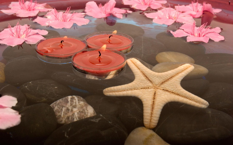 scented, floating, cles, amp, flowers, starfish, 3d and abstract, three, spa elements, still life, red, 1080P, white, candles