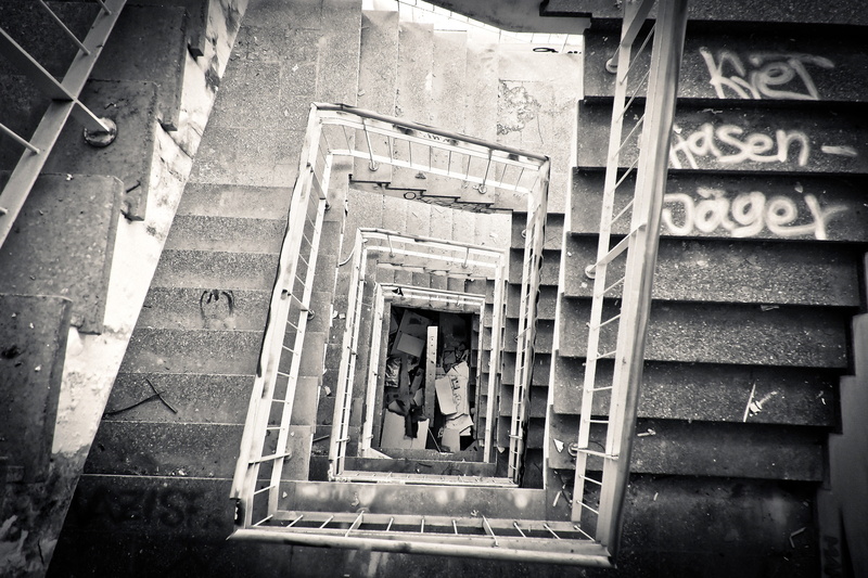 factory, staircase, walking, gloomy, passed, dilapidated, 4K, incidental people, lost places, weathered, graffiti, black and white, black white, atmosphere