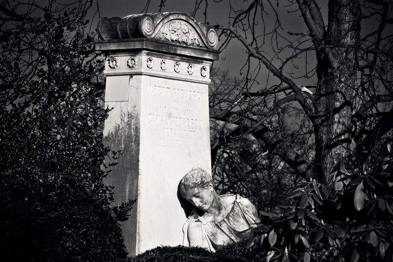 tombstone, tree, building exterior, sepulchre, head, atmosphere, low angle view, sculpture, built structure, plant, mood, tower, branch, figure, death