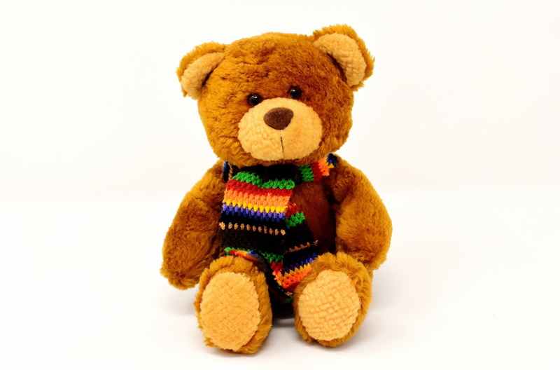 studio shot, scarf, plush, cute, clothing, bear, brown, 4K, white background, funny, stuffed animal, ted, toy, multi colored, softness, teddy, mammal