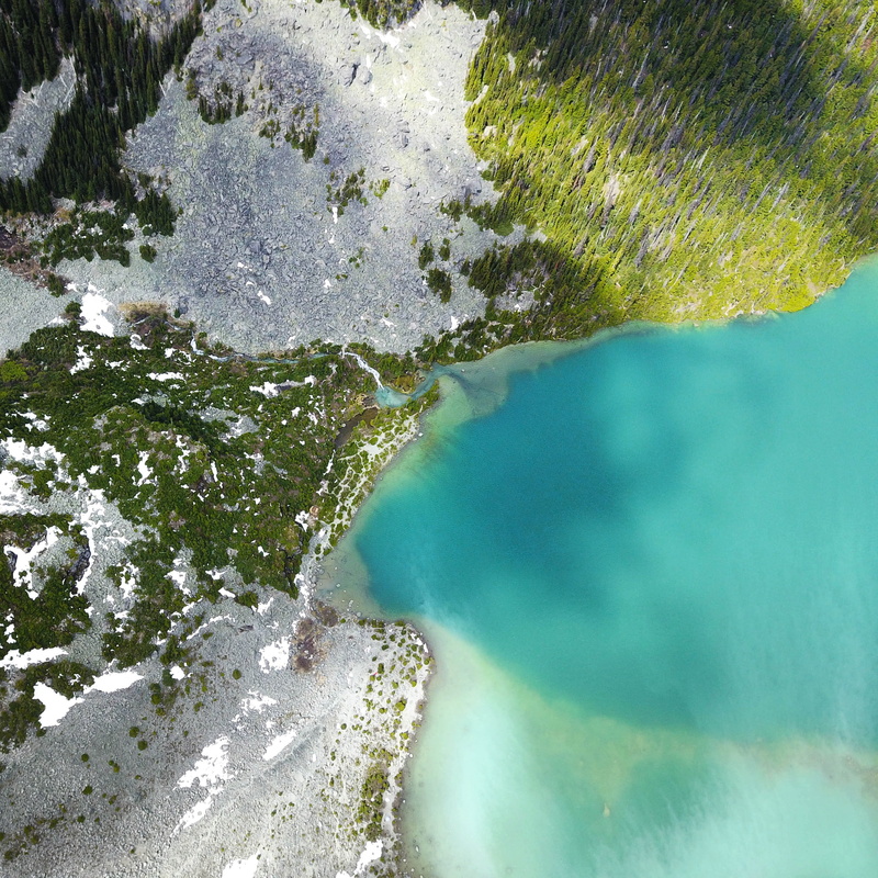 day, drone, beautiful water, super blue, land, no people, top, aerial, nature, joffre lake, beauty in nature, solid, blue water, rock, rock - object, beside