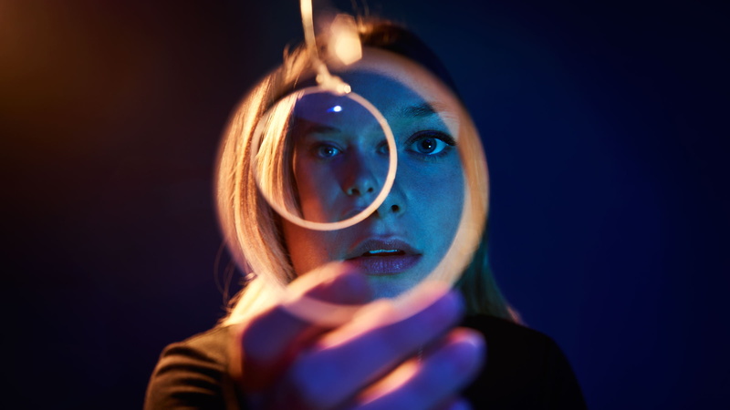 women, projection, blue, studio shot, Rachel Keller, eye, technology, adult, Legion FX, front view, one person, 1080P, headshot, magnifying glasses, portrait