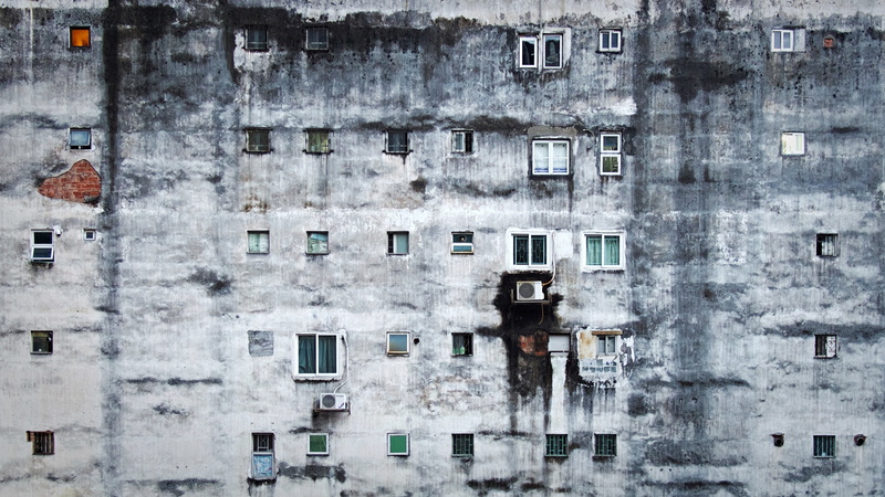 2K, day, white color, residential district, full frame, door, facade, gloomy, outdoors, building exterior, no people, shabby, weathered, architecture