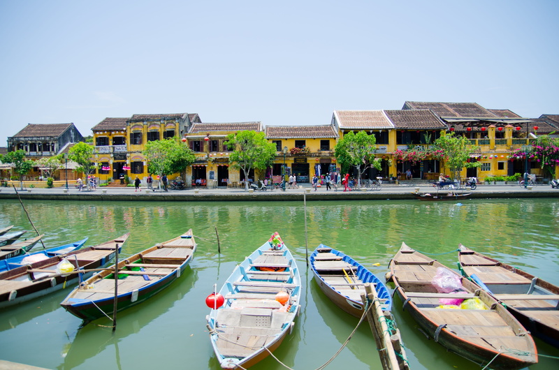 asia, nature, transportation, reflection, outdoors, wooden post, building exterior, ancient town, water, moored, viet nam, residential district, architecture